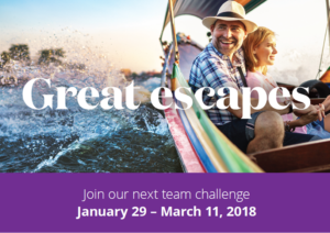 Great escapes. Man in panama hat and plaid shirt sitting with blonde woman in pink shirt inside a multi-colored polynesian fishing boat with waves splashing. Join our next team challenge January 29- March 11, 2018.