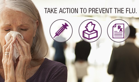 older woman wearing purple shirt sneezing into tissue. graphic states "Take action to prevent the flu." Icons to her left show of syringe, tissue box, and prescription."