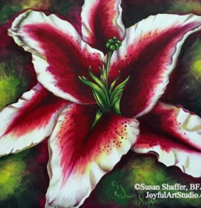 painting of oriental lily with pink petals that fade to white against green foliage