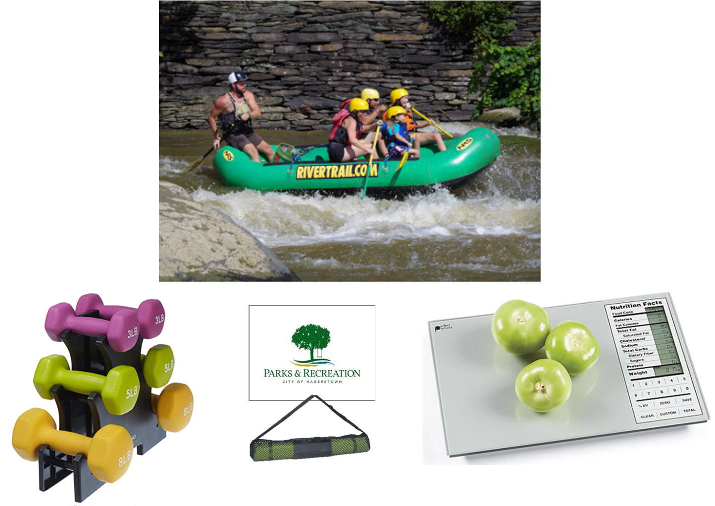 team prizes include rafting trip for four at Harper's Ferry, neoprene-coated hand weights and rack, Hagerstown Parks & Recreation gift card with yoga mat, and Greater Good Food and Nutrition scale.