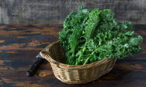 Fresh organic curly kale leaves in a basket with cook knife behi